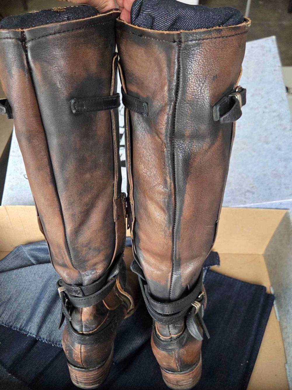 Distressed Brown Leather Knee-High Riding Boots with Buckle Detail - Picture 8 of 10